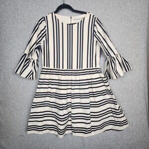Alice + Olivia Dress Womens 10 Black White Stripe Fit Flare Bell Sleeve Cotton